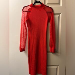 Red mid- length dress with sheer sleeves